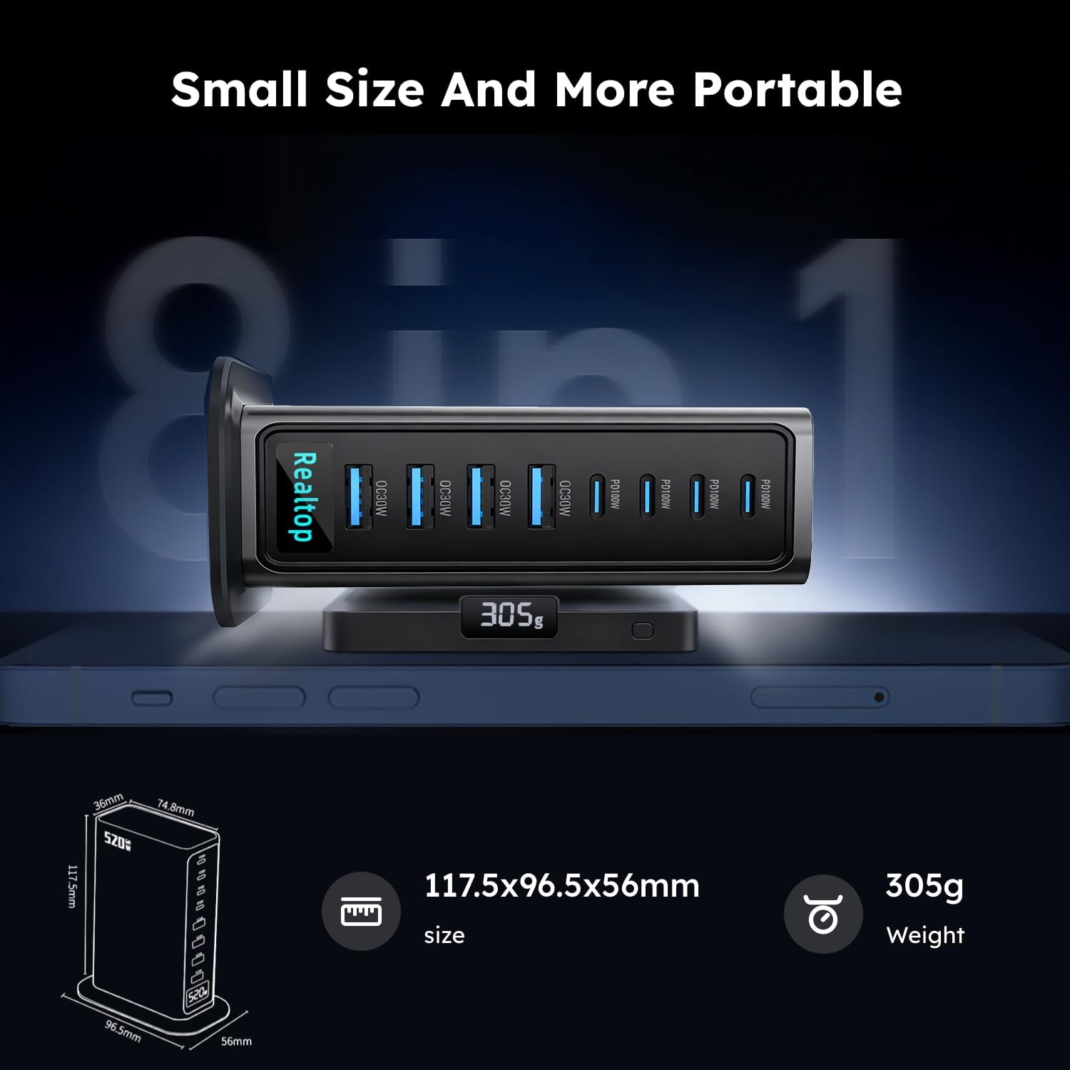 The charging station measured at 117.5 x 96.5 x 56 mm and 305 grams
