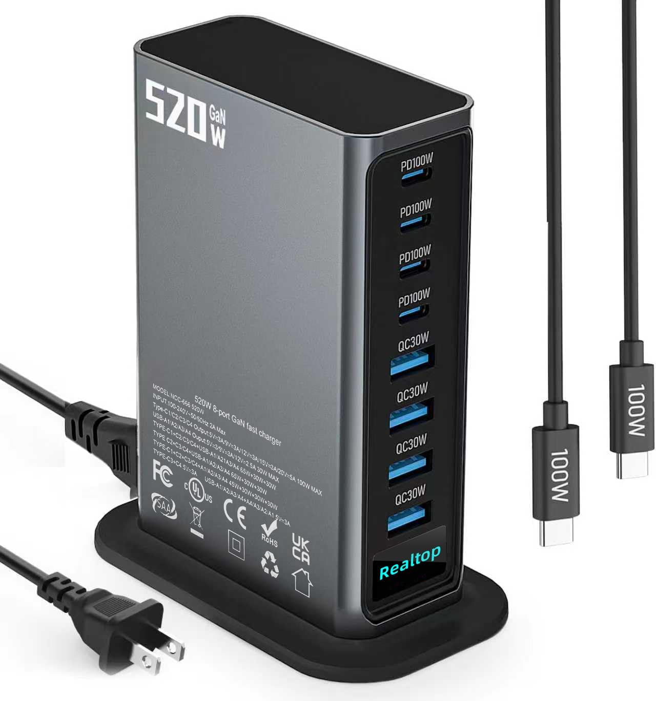 Realtop 520W 8-port GaN charging station in grey, with power cord and 100W USB-C cable