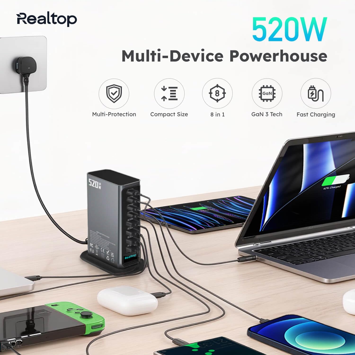 The Realtop station on a desk charging a laptop, tablet, phone, earbuds and a handheld console at once